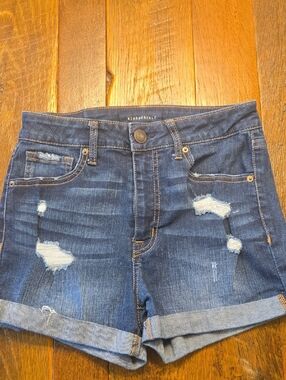 Aeropostale 2 Super High Rise Midi Dark Blue Distressed Denim Shorts